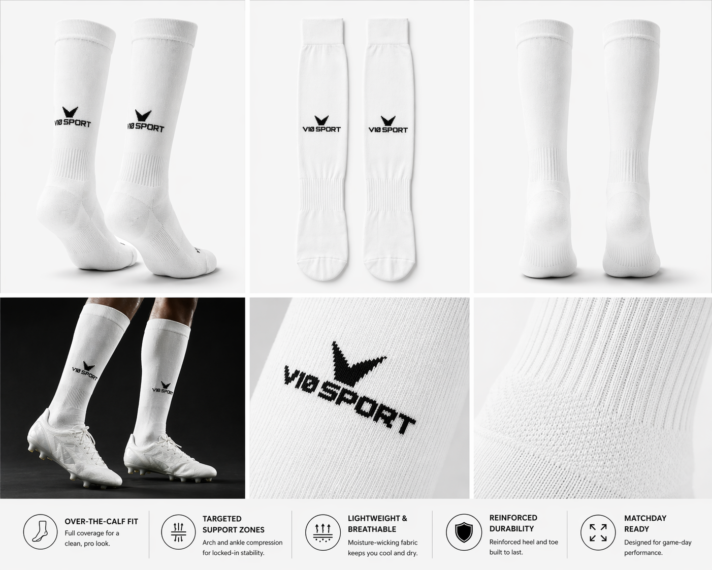 V10 Sport Premier ProMatch Socks – Over-the-Calf (White)