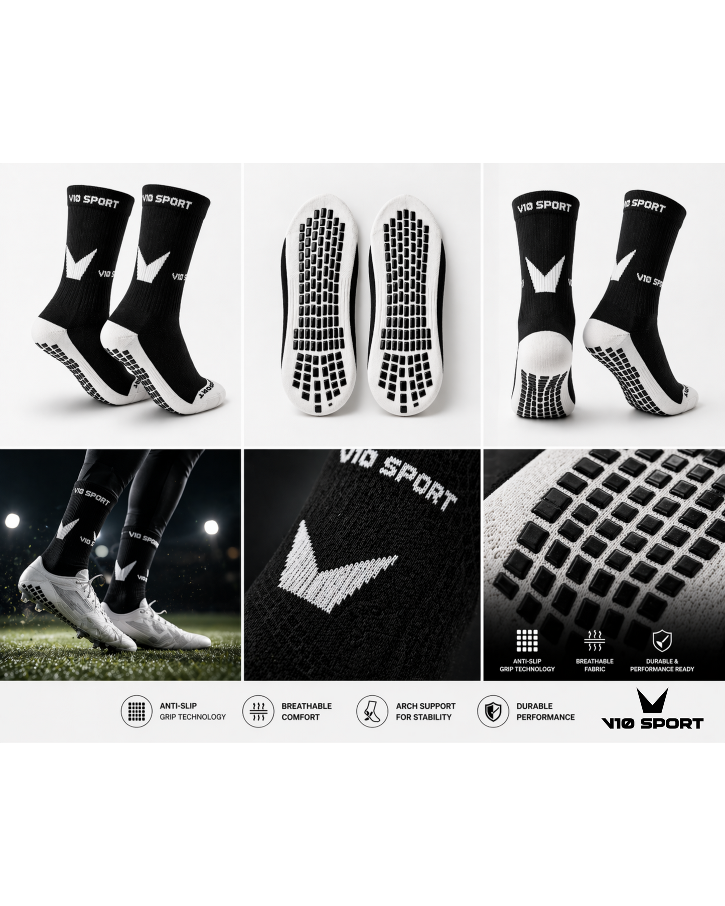 V10 Sport Pro Grip Socks — Midcalf Performance Series (Black)